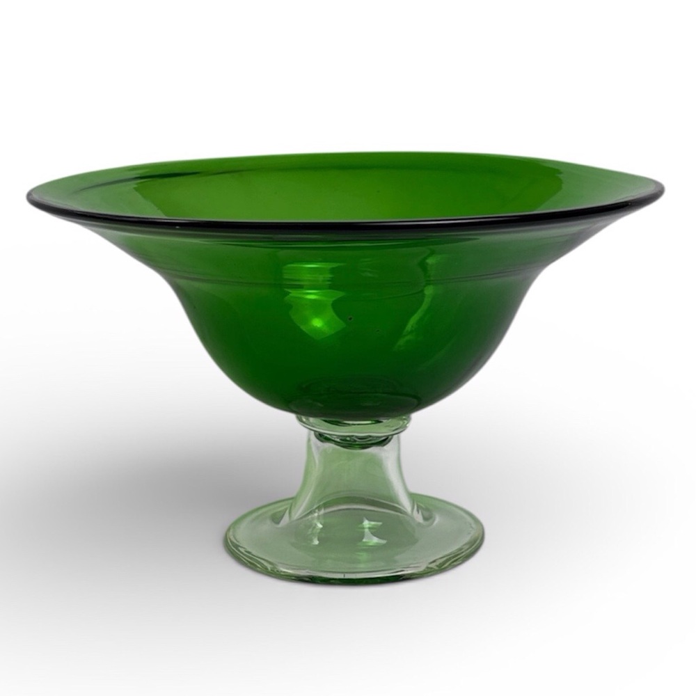 Emerald Green Hand Blown Glass Pedestal Bowl - Vintage